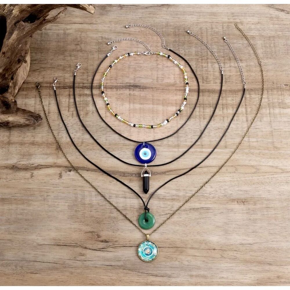 Bohemian Layered Chunky 5-Piece Necklace Set With Gemstone & Evil Eye Pendants